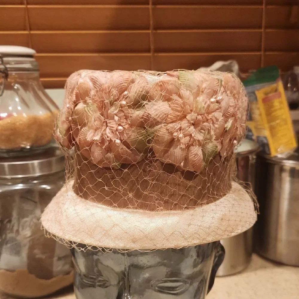 Vintage Pillbox Floral Hat with Netting Union Made